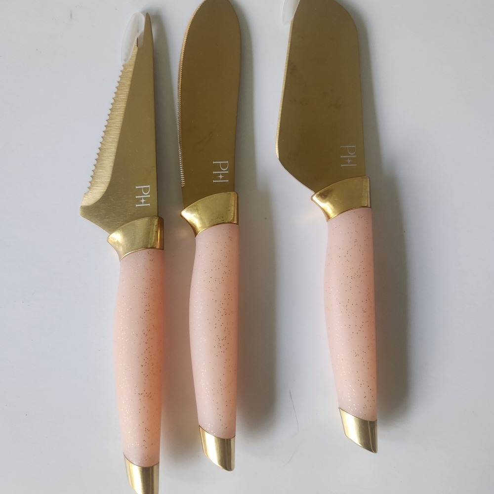 Paris Hilton 3 Piece Cheese Cutlery Set Gold Tone Blush Pink Glitter Handles PH